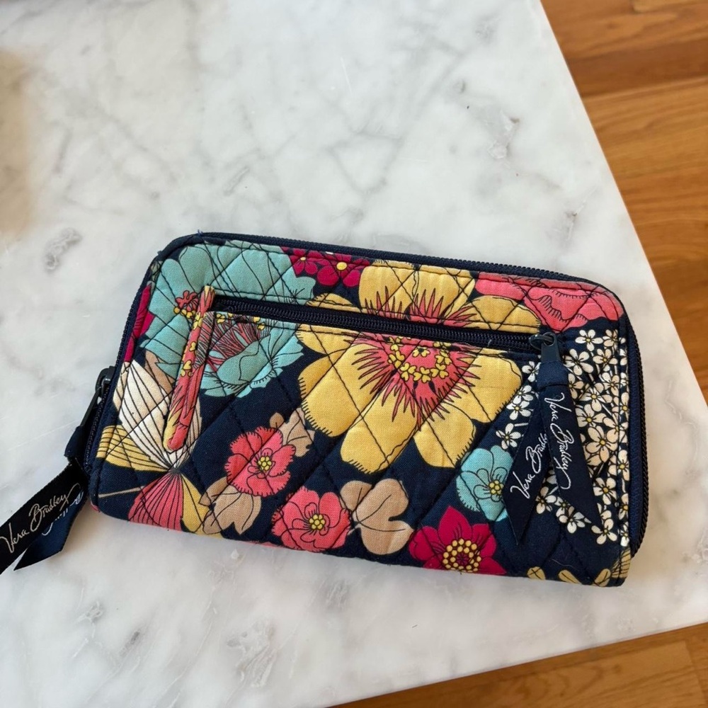 Vera Bradley Navy Floral Quilted Zip Wallet with Multi-Color Blooms
